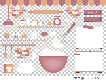 シンプルで可愛いキッチン小物とレシピやお菓子とケーキ作りのあしらいとイラストセット シンプルで可愛いキッチン小物とレシピやお菓子とケーキ作りのあしらいとイラストセット 116242269