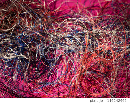 Chaotically tangled threads. Embroidery threads randomly woven. Huge knot. Extreme macro. Beautiful story for intro. Title credits. Abstract screensaver. Handicraft concept, entropy, disorder measure 116242463