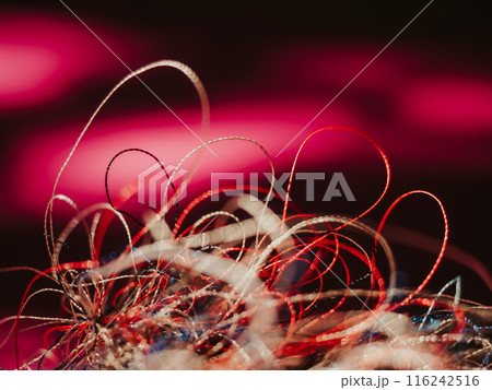Chaotically tangled threads. Embroidery threads randomly woven. Huge knot. Extreme macro. Beautiful story for intro. Title credits. Abstract screensaver. Handicraft concept, entropy, disorder measure 116242516