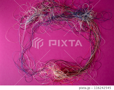 Frame. Chaotically tangled threads. Embroidery threads randomly woven. Knot. Extreme macro. Beautiful story for intro. Title credits. Abstract screensaver. Handicraft entropy concept. Disorder measure 116242545