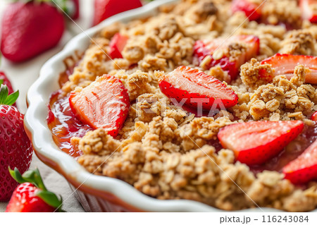 Close Up of Delicious Strawberry Rhubarb Crisp Dessert. 116243084