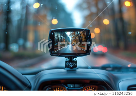 Modern dashboard camera in a car, view of road during driving 116243256