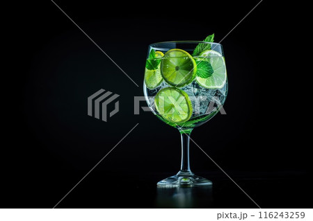 Classic cocktail a gin and tonic in tableware with lemon and rosemary garnish, black background Classic cocktail a gin and tonic in tableware with lemon and rosemary garnish, black background 116243259