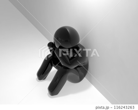 壁際に座って頭を抱えて落ち込む人　アイコン　黒　横　3Dイラストレーション 116243263