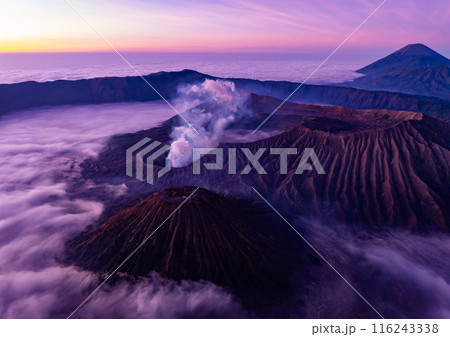 Aerial view Mountains at Bromo volcano during sunrise sky,Beautiful Mountains Penanjakan in Bromo Tengger Semeru National Park,East Java,Indonesia.Nature landscape background 116243338