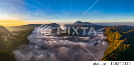 Aerial view Mountains at Bromo volcano during sunrise sky,Beautiful Mountains Penanjakan in Bromo Tengger Semeru National Park,East Java,Indonesia.Nature landscape background 116243339