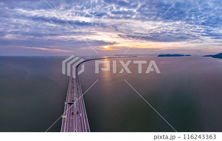 Amazing aerial view of the Penang Bridge in night sky 116243363