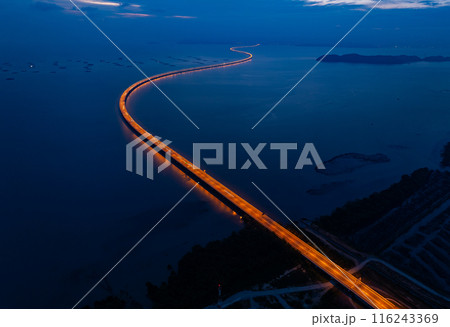 Amazing aerial view of the Penang Bridge in night sky 116243369