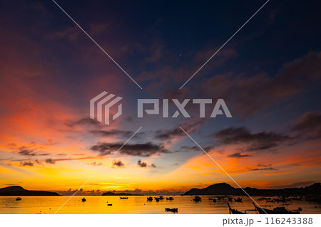 Nature landscape beautiful Light Sunset or sunrise over sea,Colorful clouds dramatic sky seascape,Amazing clouds and waves in sunset sky background 116243388