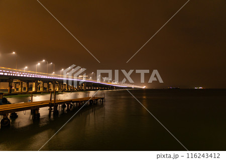 Amazing aerial view of the Penang Bridge in night sky 116243412