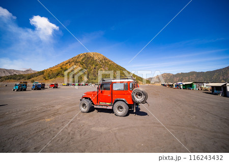 July 9-2023 Jeeps vehicle used by tourists for activities in the Bromo tengger semeru national park, Mt. Bromo popular tourist destination in East java Indonesia 116243432