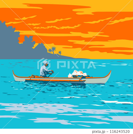 Filipino Fisherman Paddling Outrigger in Subic Bay Zambales Philippines WPA Poster Art 116243520