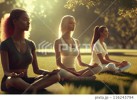 Young Women Embrace Serenity in Group Yoga Meditation 116243794