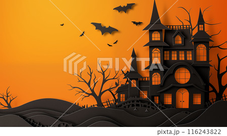 ハロウィンの月夜に怪しくシルエットで浮かぶ洋館とコウモリのレイヤードペーパー風リアルイラスト 116243822