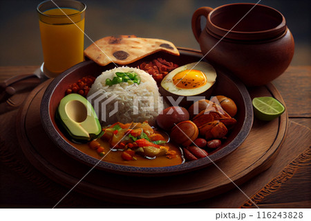 Bandeja paisa, typical dish at the Antioqueña region of Colombia. It consists of chicharrón (fried pork belly), black pudding, sausage, arepa, beans, fried plantain, avocado egg, and rice Bandeja paisa, typical dish at the Antioqueña region of Colombia. It consists of chicharrón (fried pork belly), black pudding, sausage, arepa, beans, fried plantain, avocado egg, and rice 116243828