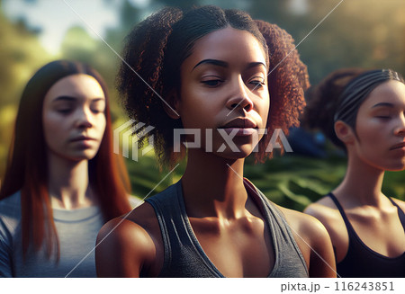 Young Women Embrace Serenity in Group Yoga Meditation 116243851