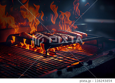 Juicy Sausages Grilling on Barbecue Grate 116243854