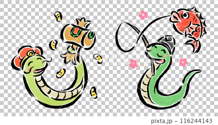 巳（蛇）の恵比寿天と大黒天　筆タッチ手描きイラスト 116244143