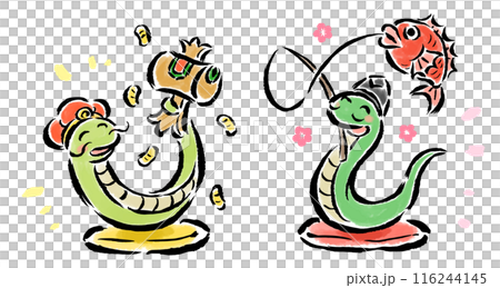 巳（蛇）の恵比寿天と大黒天　座布団あり　筆タッチ手描きイラスト 116244145
