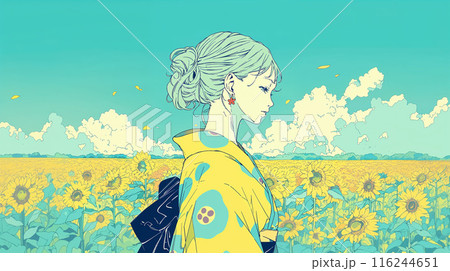 ひまわり畑に立つ浴衣の女性 ひまわり畑に立つ浴衣の女性 116244651