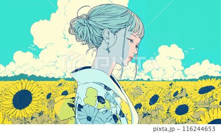 ひまわり畑に立つ浴衣の女性 ひまわり畑に立つ浴衣の女性 116244653