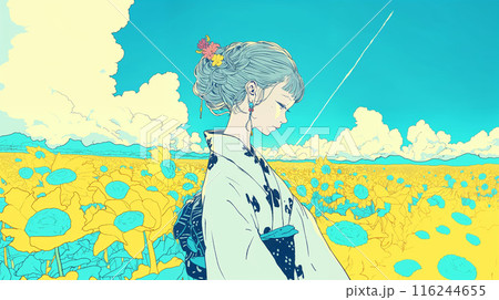 ひまわり畑に立つ浴衣の女性 116244655