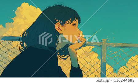 フェンス越しに遠くを眺めて泣く女性 116244698