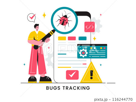 Vector Illustration of a Bug Tracking Tool with Mobile Phone Protection from Computer Viruses in a Website Security Flat Cartoon Background 116244770