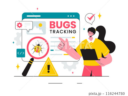 Vector Illustration of a Bug Tracking Tool with Mobile Phone Protection from Computer Viruses in a Website Security Flat Cartoon Background 116244780