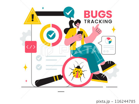 Vector Illustration of a Bug Tracking Tool with Mobile Phone Protection from Computer Viruses in a Website Security Flat Cartoon Background Vector Illustration of a Bug Tracking Tool with Mobile Phone Protection from Computer Viruses in a Website Security Flat Cartoon Background 116244785