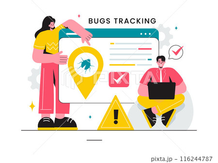 Vector Illustration of a Bug Tracking Tool with Mobile Phone Protection from Computer Viruses in a Website Security Flat Cartoon Background 116244787
