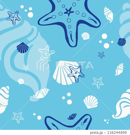 Beach shells and stars seamless pattern. Summer holidays background. Beach shells and stars seamless pattern. Summer holidays background. 116244899