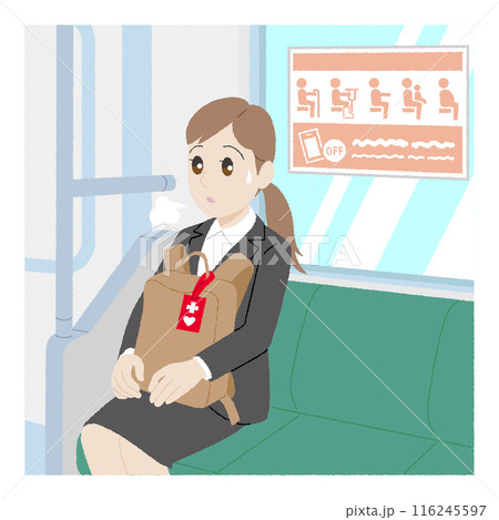 手描き風のヘルプマークを付けた優先席に座る女性 116245597