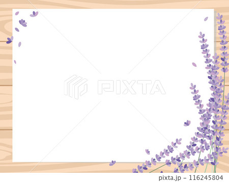 木製の板に白い紙の背景にラベンダーの花が可愛いフレーム背景イラスト 116245804