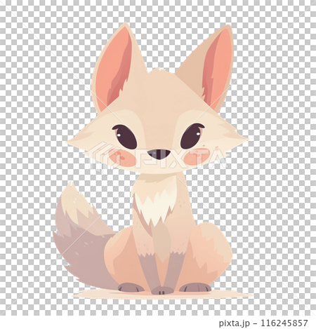 Cute cartoon fox illustration with big ears and fluffy tail. Perfect for kids' designs, greeting cards, and educational materials. 116245857