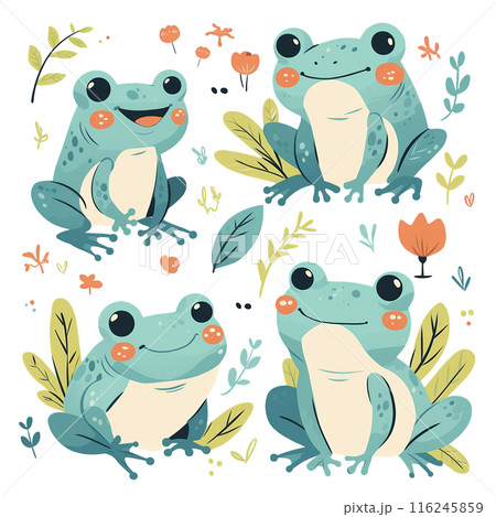 Cute cartoon frogs surrounded by colorful plants and flowers, isolated on white background. 116245859