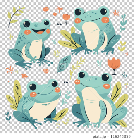 Cute cartoon frogs surrounded by colorful plants and flowers, isolated on white background. 116245859