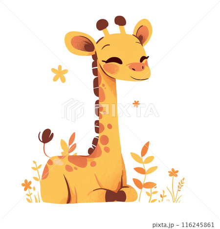 Cute cartoon giraffe illustration sitting among plants and flowers, perfect for children's designs and decor. 116245861