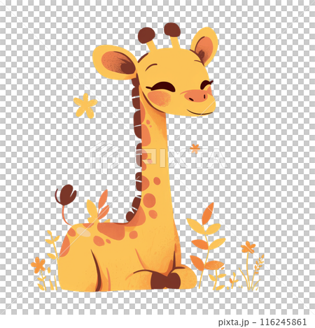 Cute cartoon giraffe illustration sitting among plants and flowers, perfect for children's designs and decor. 116245861