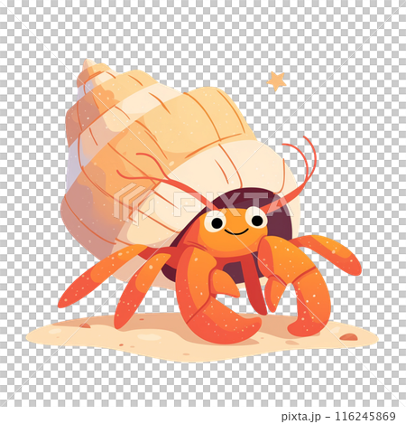 Cute cartoon hermit crab with a big shell, happy expression, and tiny legs on a sandy beach with a small starfish. Cute cartoon hermit crab with a big shell, happy expression, and tiny legs on a sandy beach with a small starfish. 116245869