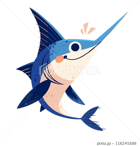 Cute cartoon illustration of a vibrant blue swordfish with playful expression, isolated on a white background. 116245886