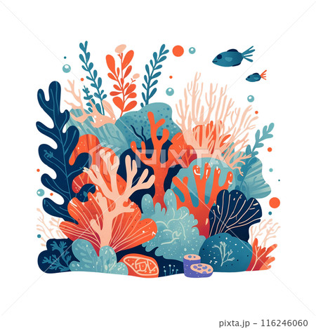 Colorful underwater coral reef illustration with vibrant marine life, fish swimming around the coral, artistic depiction of ocean habitat. 116246060