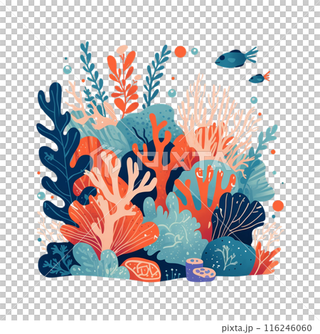 Colorful underwater coral reef illustration with vibrant marine life, fish swimming around the coral, artistic depiction of ocean habitat. 116246060
