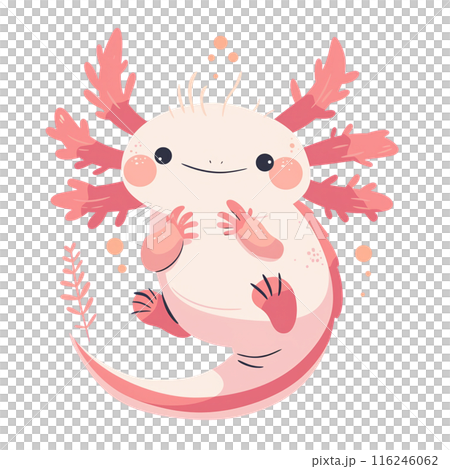 Cute and colorful axolotl illustration with vibrant pink features, perfect for kids' content and nature themes. 116246062