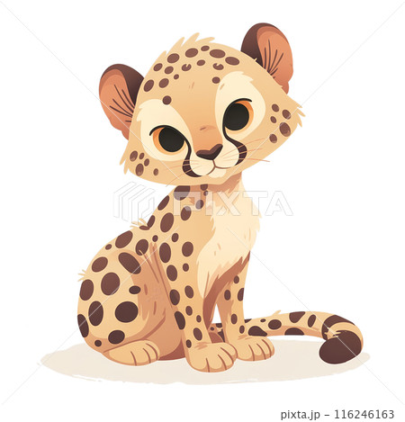 Adorable cartoon cheetah cub, characterized by its big eyes and spotted fur, sitting in a cute and playful pose. 116246163