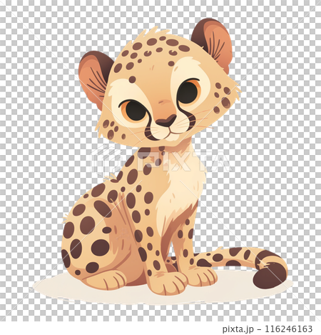 Adorable cartoon cheetah cub, characterized by its big eyes and spotted fur, sitting in a cute and playful pose. Adorable cartoon cheetah cub, characterized by its big eyes and spotted fur, sitting in a cute and playful pose. 116246163