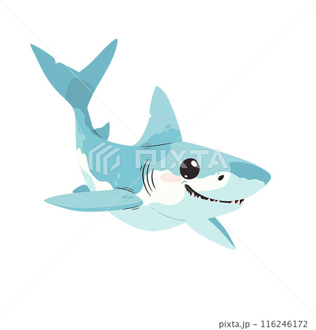 Cute illustrated shark in blue shades with a big smile. Perfect for children's books, educational material, and ocean-themed designs. 116246172