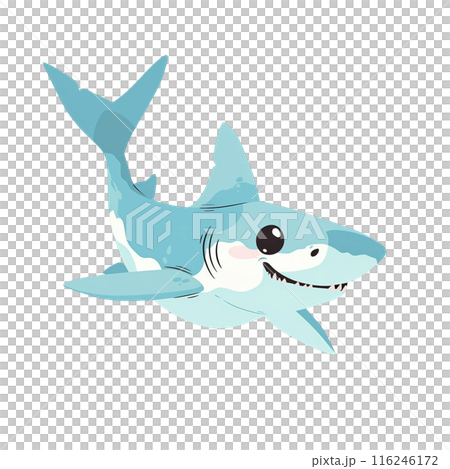 Cute illustrated shark in blue shades with a big smile. Perfect for children's books, educational material, and ocean-themed designs. 116246172
