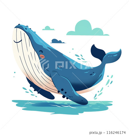 Cute illustrated whale swimming in the ocean with playful waves and clouds in the background, perfect for children's books or decor. 116246174