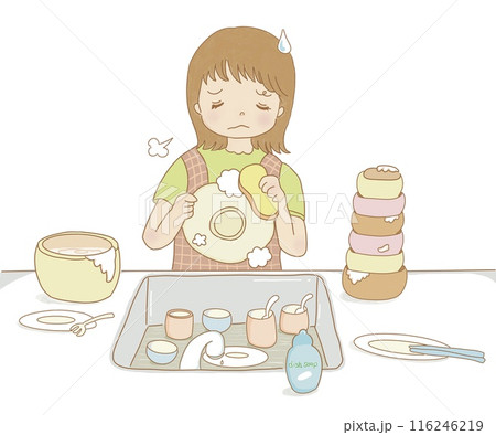 キッチンで食器洗いをする女性 疲れ顔 キッチンで食器洗いをする女性 疲れ顔 116246219